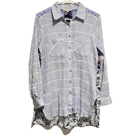 John Mark Blouse Blue Multi Media Boho Button Front Cotton Blend Size Small - Picture 1 of 7